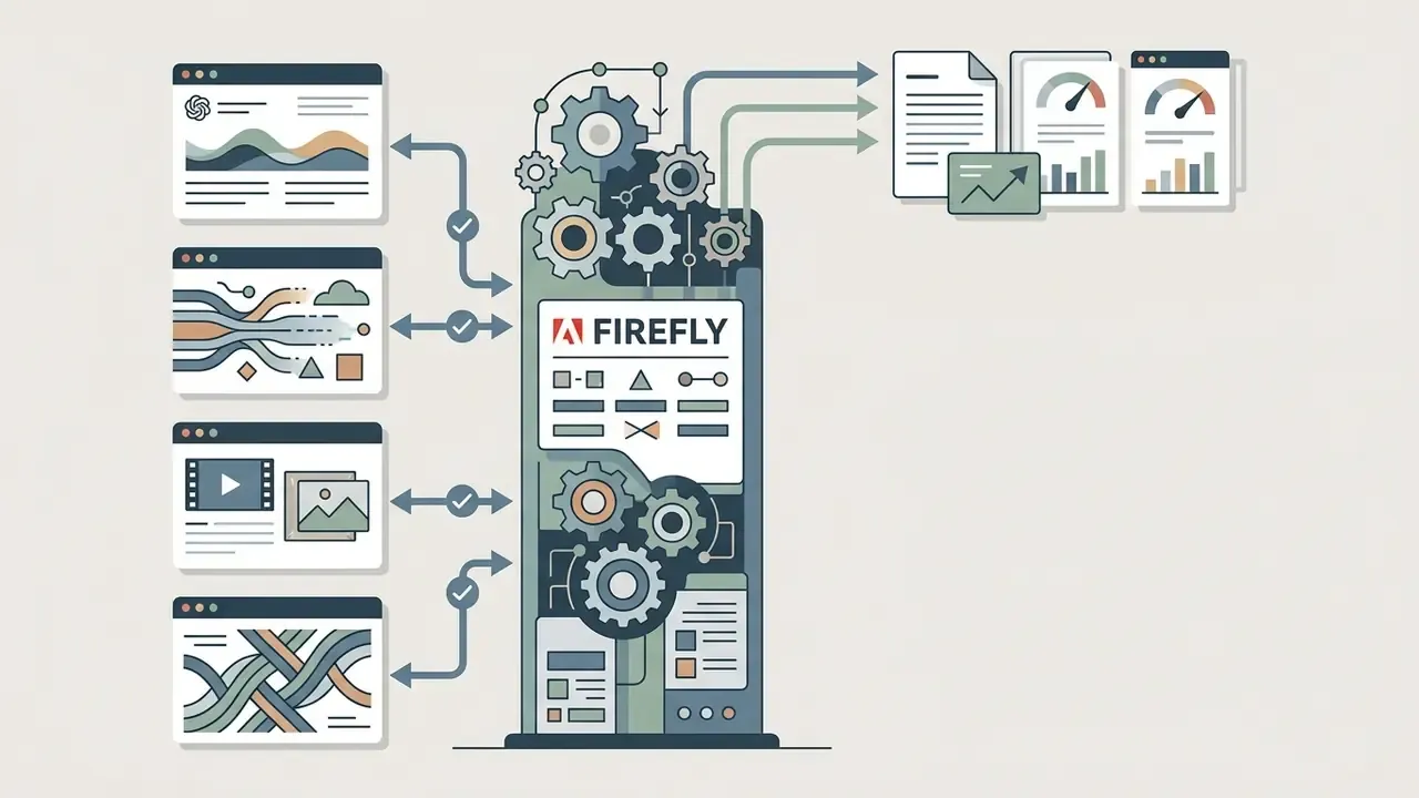 Central Adobe Firefly engine connecting multiple AI art tools to various data and performance reports