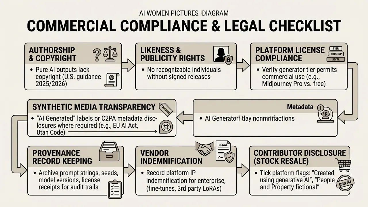 Flowchart outlining legal and compliance steps for using AI women pictures in commercial projects