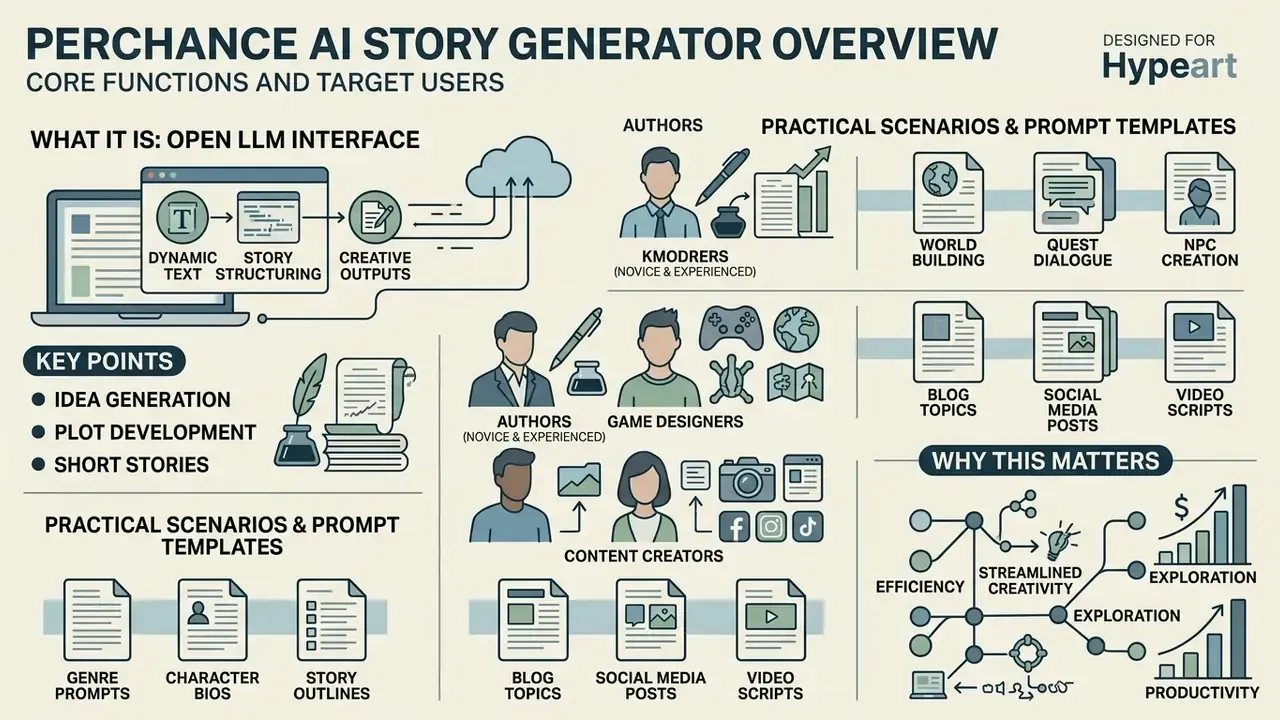 Infographic detailing core functions, target user roles, and practical prompt templates for Perchance AI