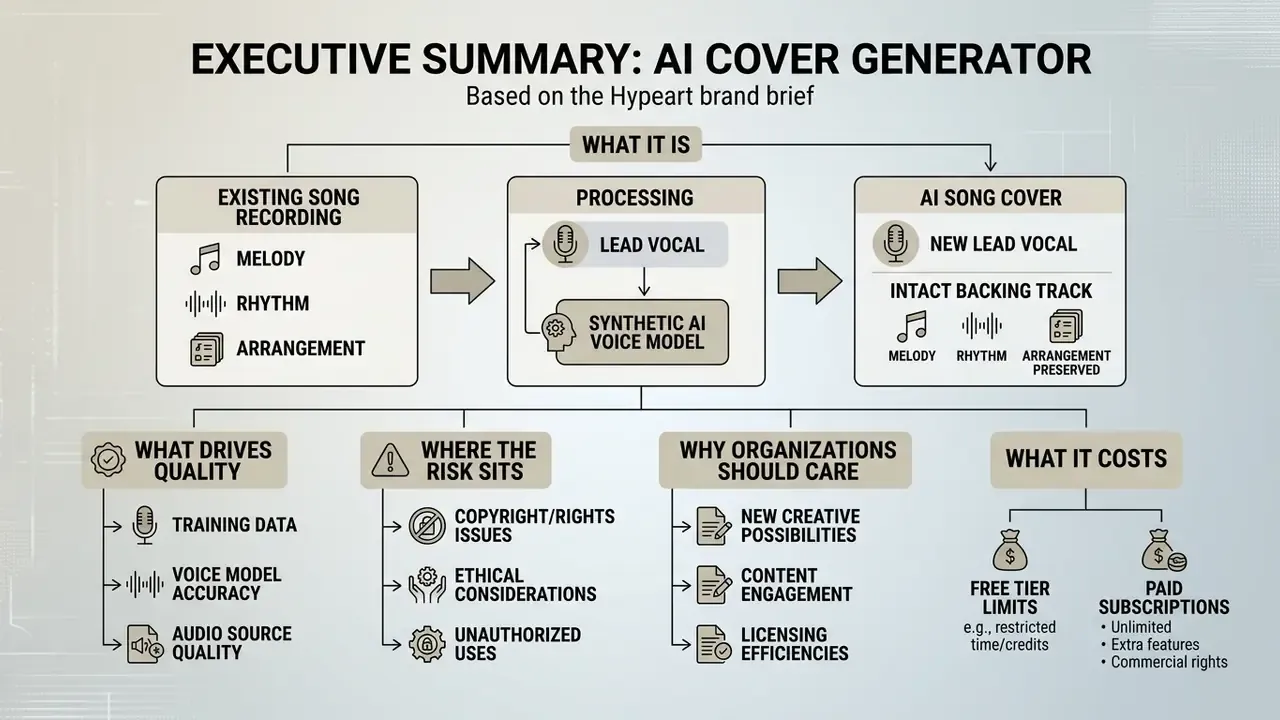 Flowchart showing how an AI cover generator replaces lead vocals while keeping the original track intact