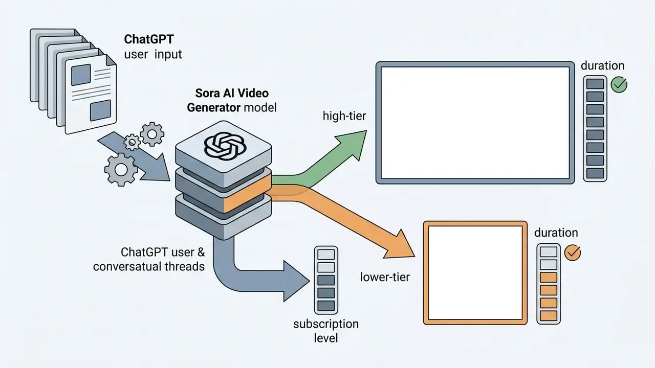 Flowchart showing ChatGPT user inputs processed by Sora AI to generate videos based on subscription tier