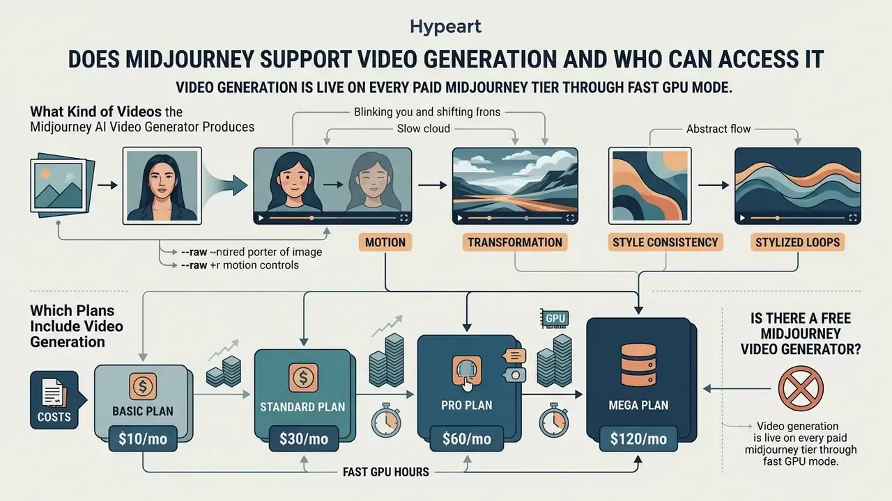 Infographic comparing paid subscription tiers and showing various types of AI video output examples