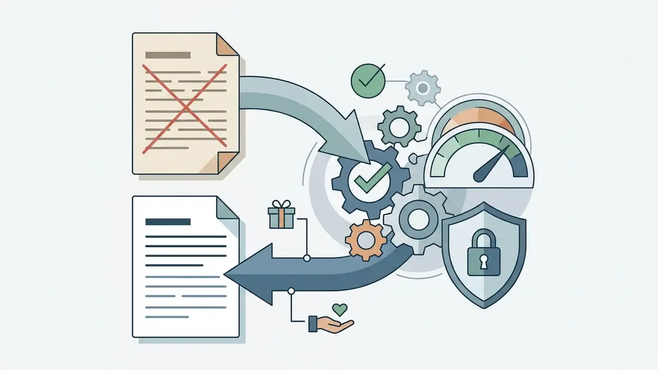 Draft document moving through gears and a security shield to become a finalized policy statement