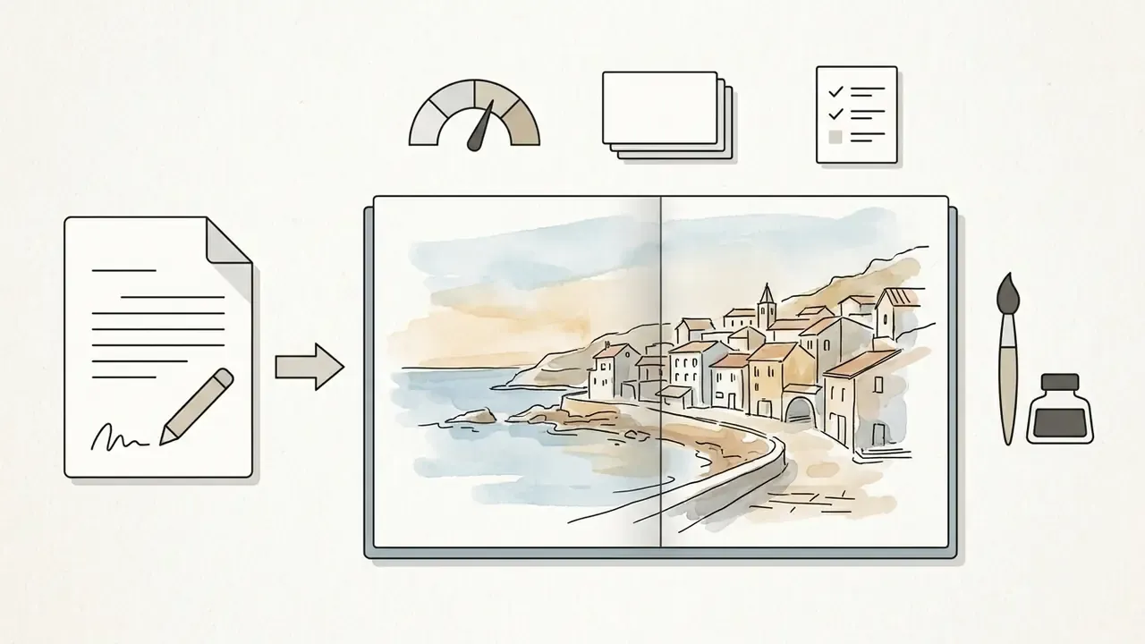 Written prompt converted into a watercolor coastal village illustration with control gauges and art supplies