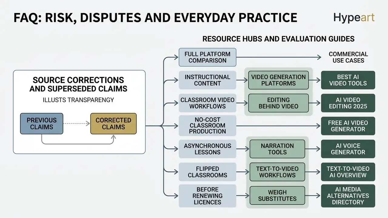 Flowchart linking source correction processes to various AI resource hubs and evaluation guides