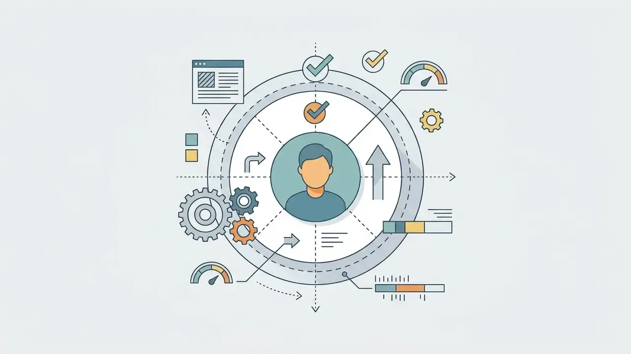 Central user icon surrounded by circular safe zones, checkmarks, gears, and data processing gauges