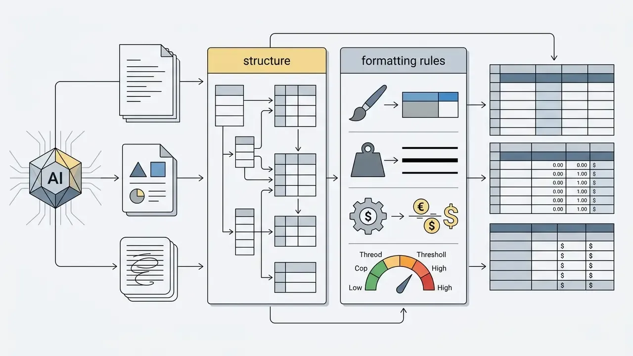 Data processing flow from documents through structural organization and formatting rules into tables