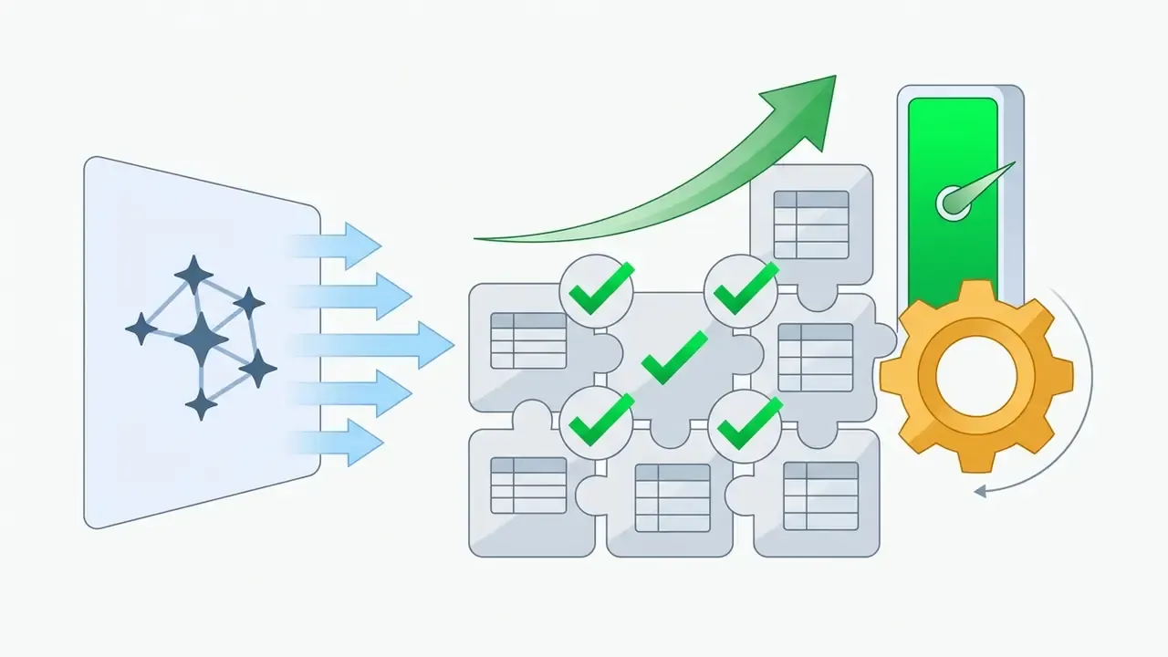Network icon feeding data into puzzle pieces with checkmarks and a gauge showing rising performance
