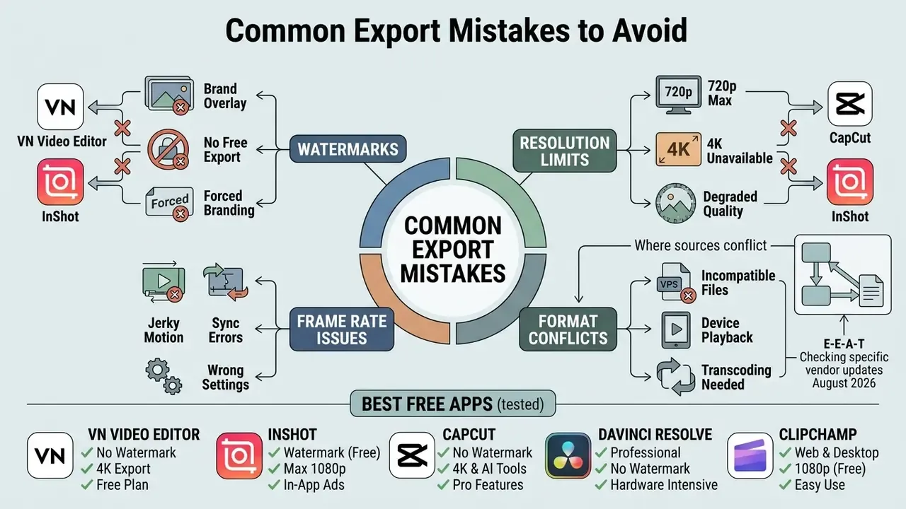 Infographic mapping common video export errors like watermarks, resolution limits, and frame rate issues