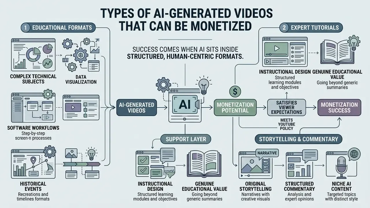 Infographic showing how educational formats and expert tutorials help can ai generated videos be monetized