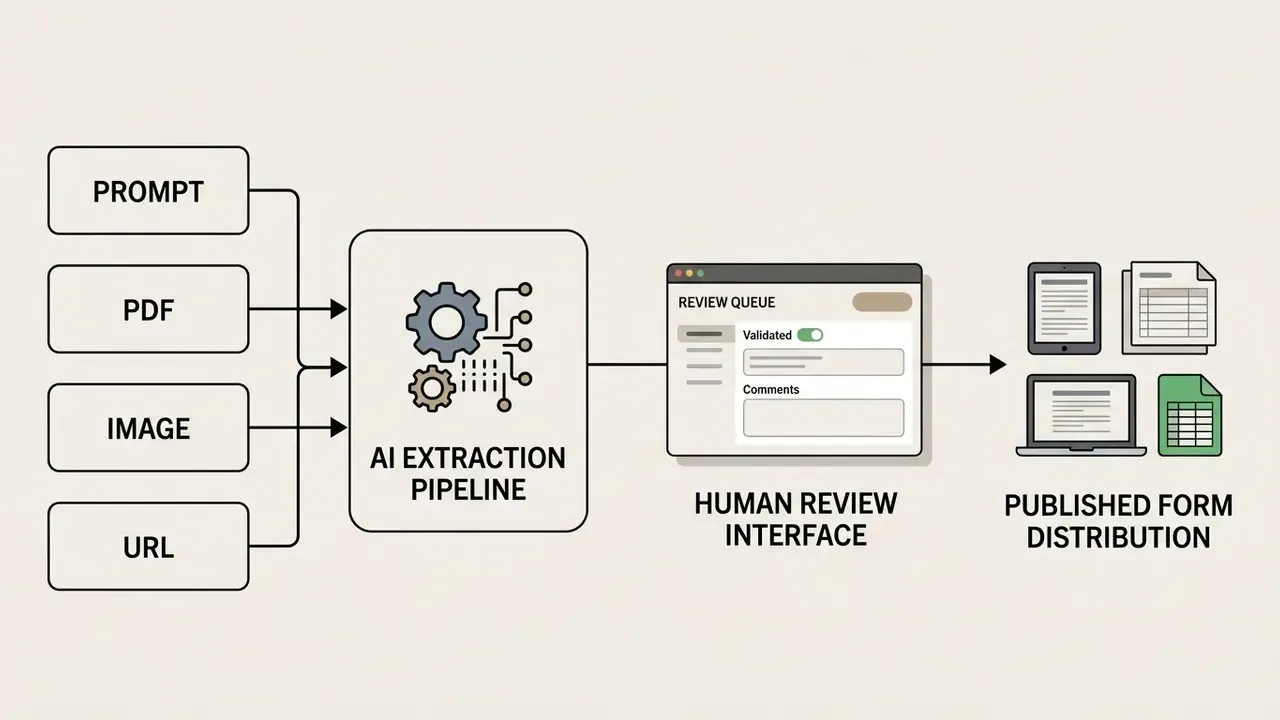 Sequential diagram showing data inputs processed through an extraction pipeline to a human review interface