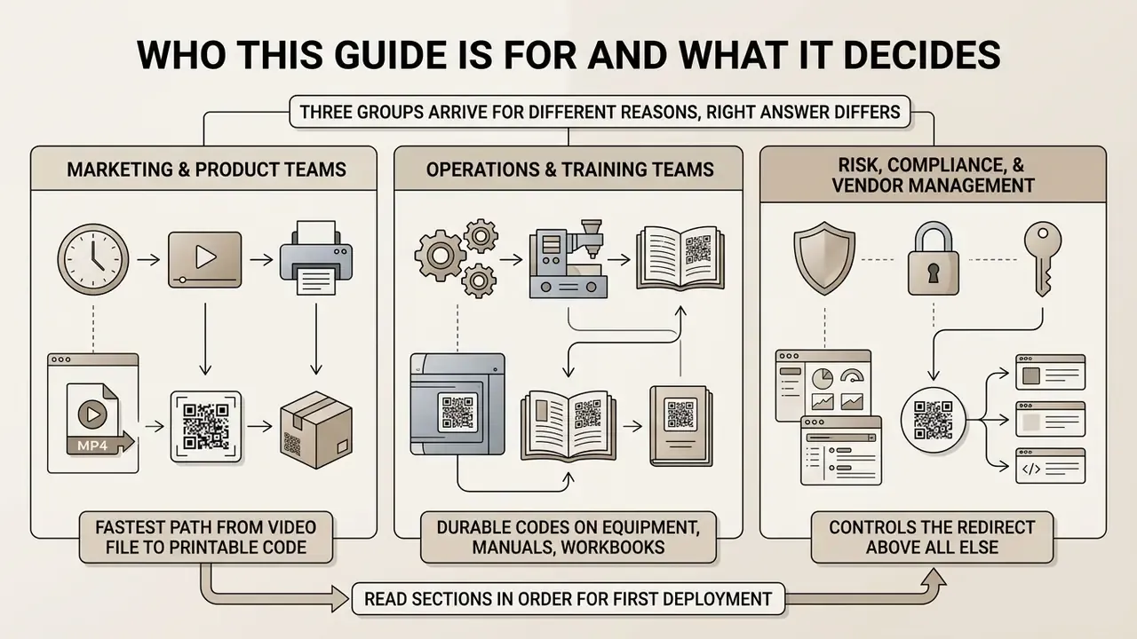 Infographic showing three distinct user groups and their specific needs for using QR codes in workflows