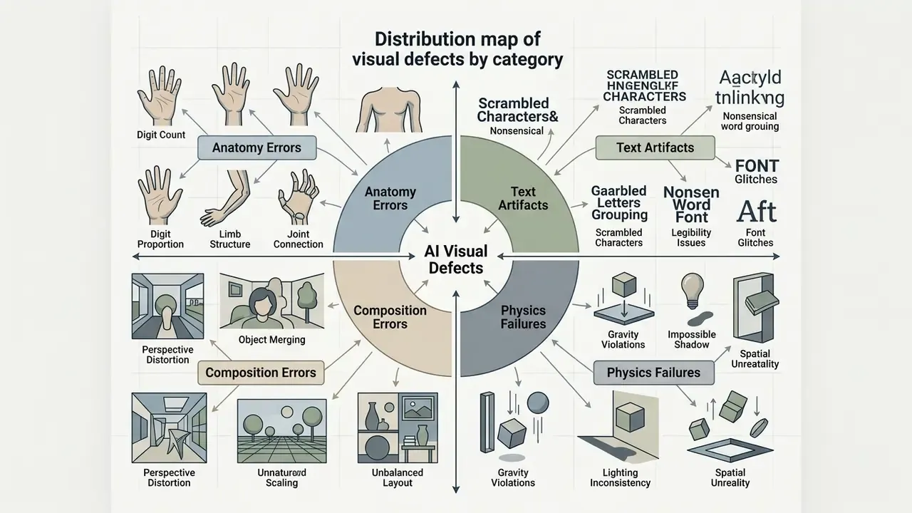 Infographic mapping common categories of AI image generation failures including anatomy and physics