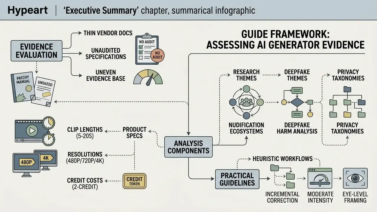 Flowchart detailing evidence evaluation, product specifications, and research themes for an AI generator