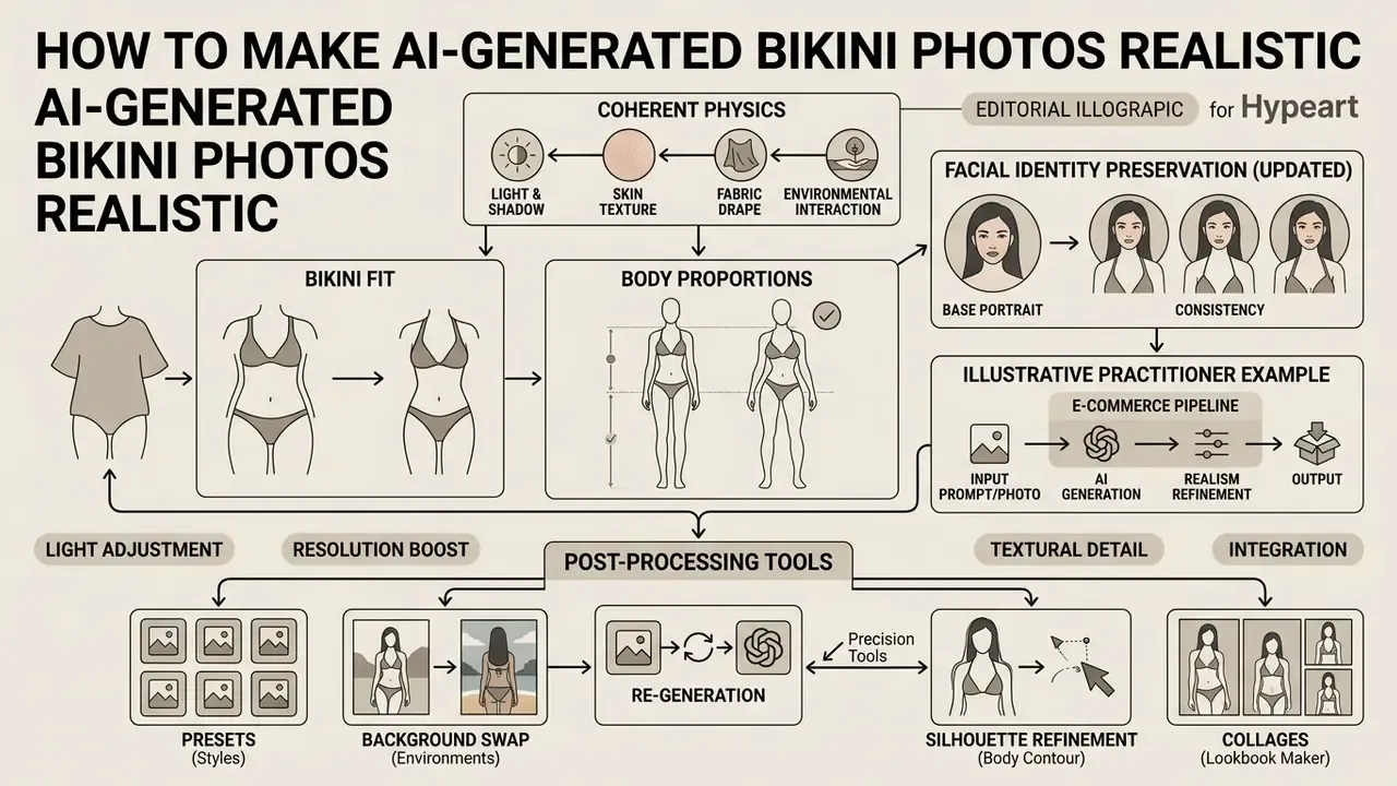 Diagram detailing steps for achieving photorealism in swimwear imagery through physics and post-processing