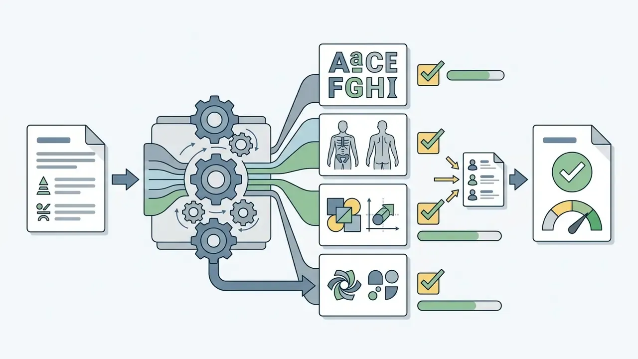 Process flow showing prompt inputs processed through gears into evaluation categories and final scoring