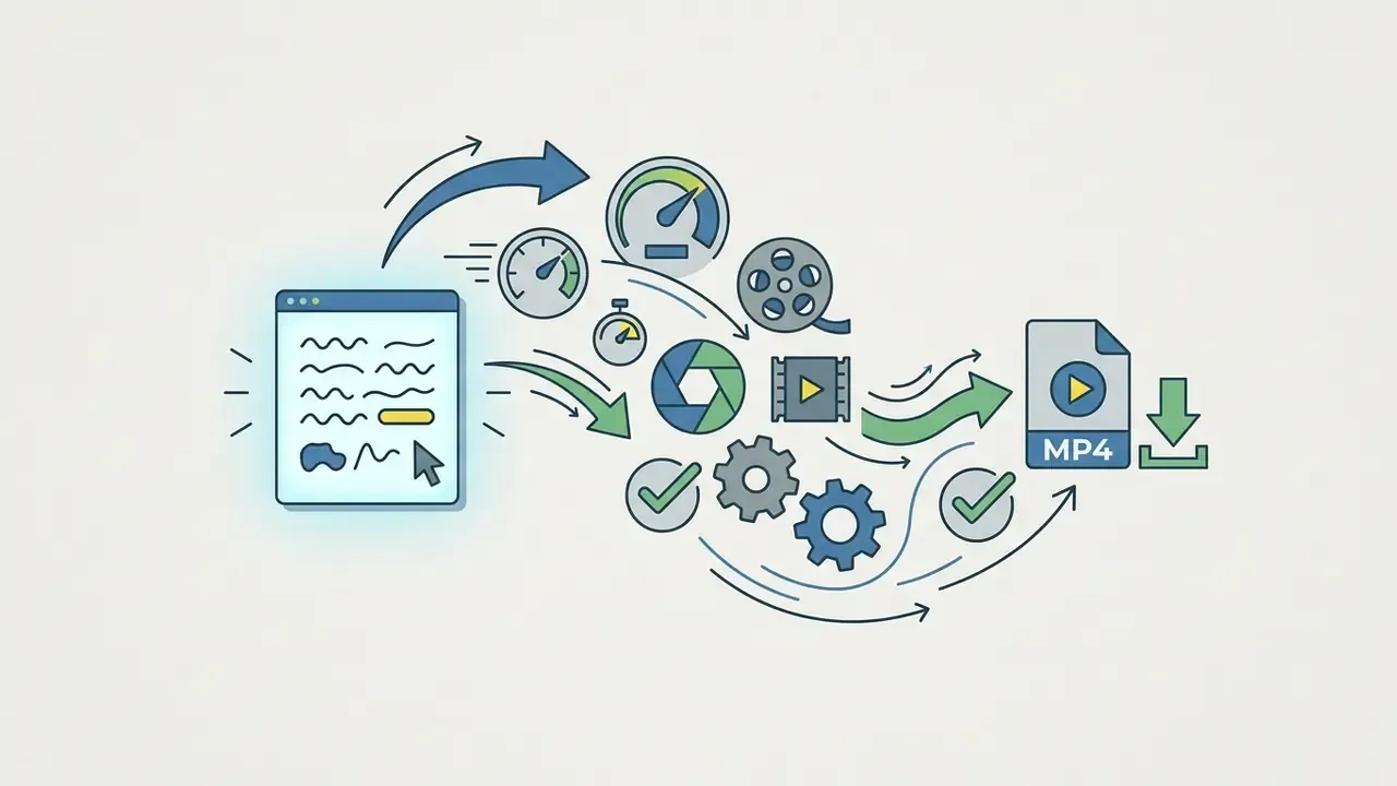 Web interface prompt being processed through various technical icons into a downloadable MP4 video file