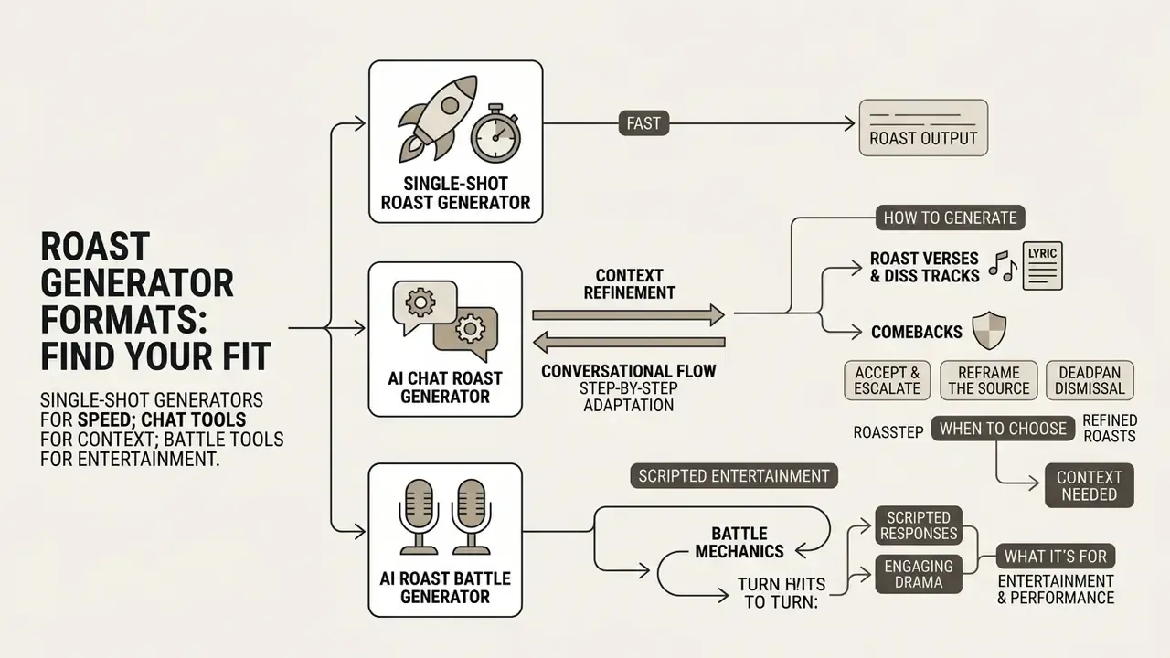 Diagram comparing three roast tool formats based on speed, context refinement, and entertainment value