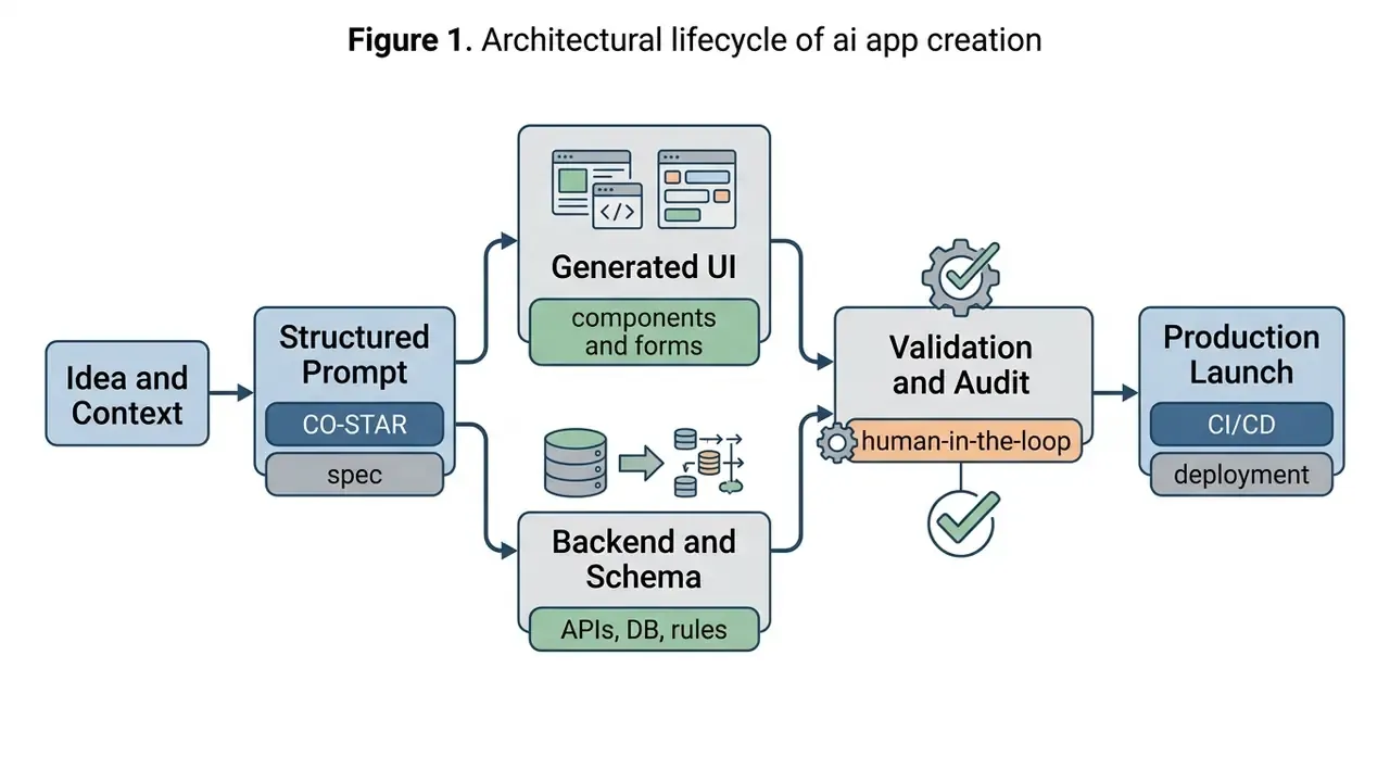 Diagram showing the stages of ai app creation from initial concepts through UI and backend to launch