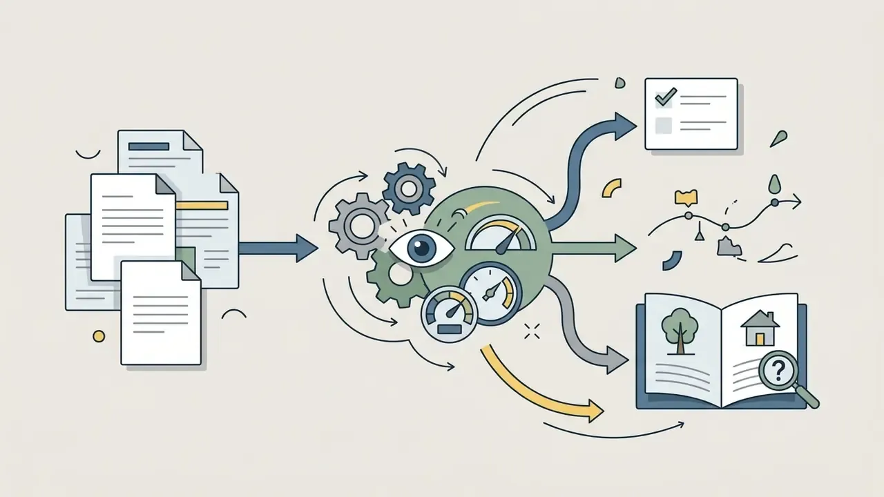 Documents feeding into a central processor with gauges and an eye to generate lists, maps, and storybooks