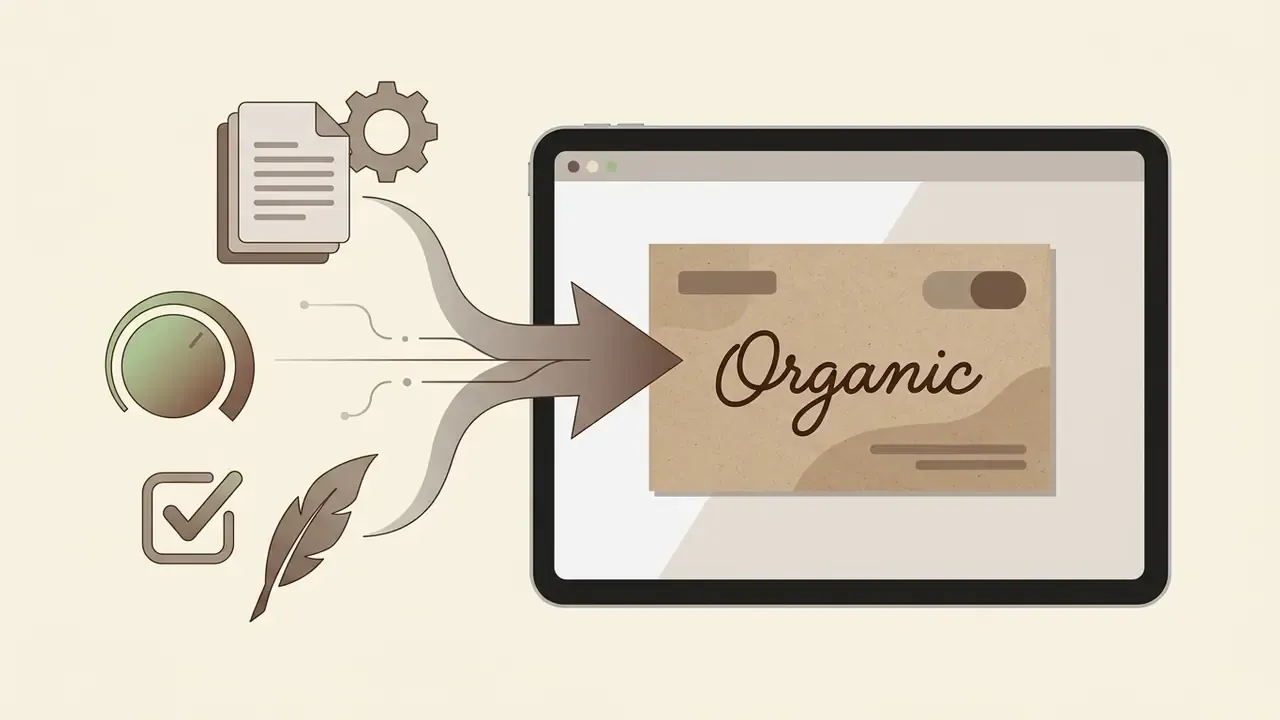 Document, gauge, and feather icons feeding into a tablet screen displaying a textured organic card design