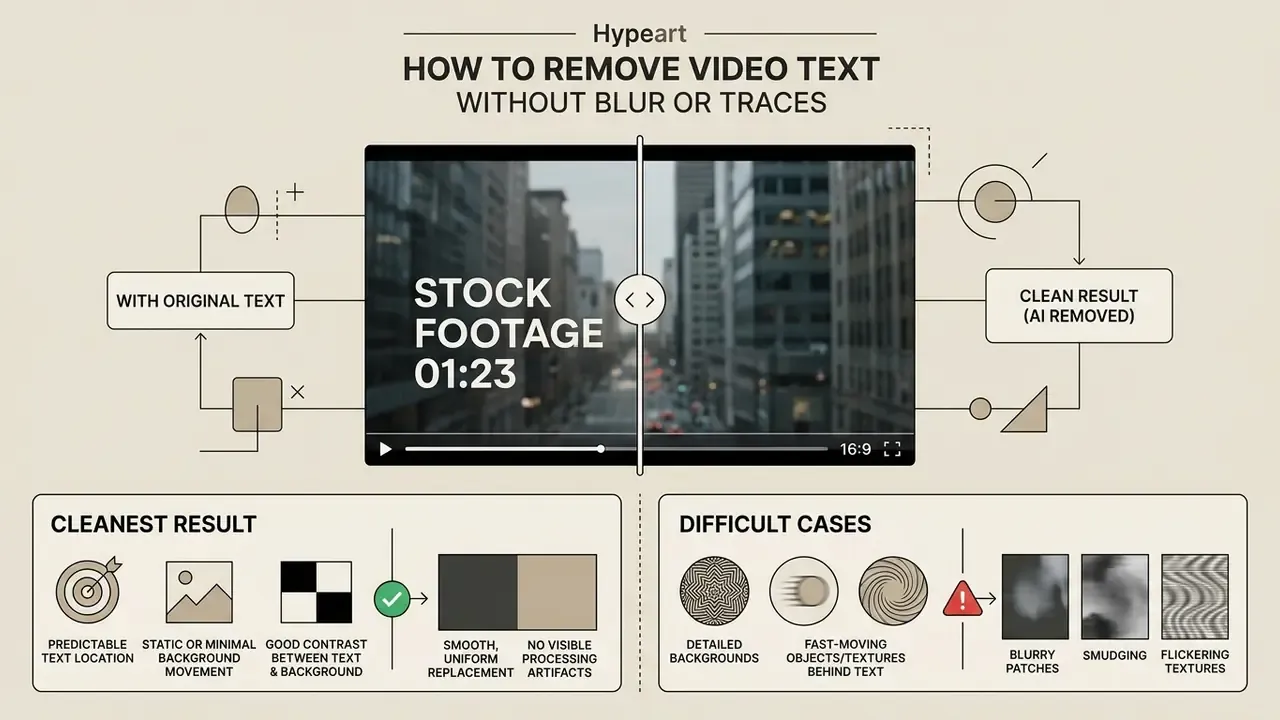 Interactive slider comparing original video text with AI removal results alongside common error examples