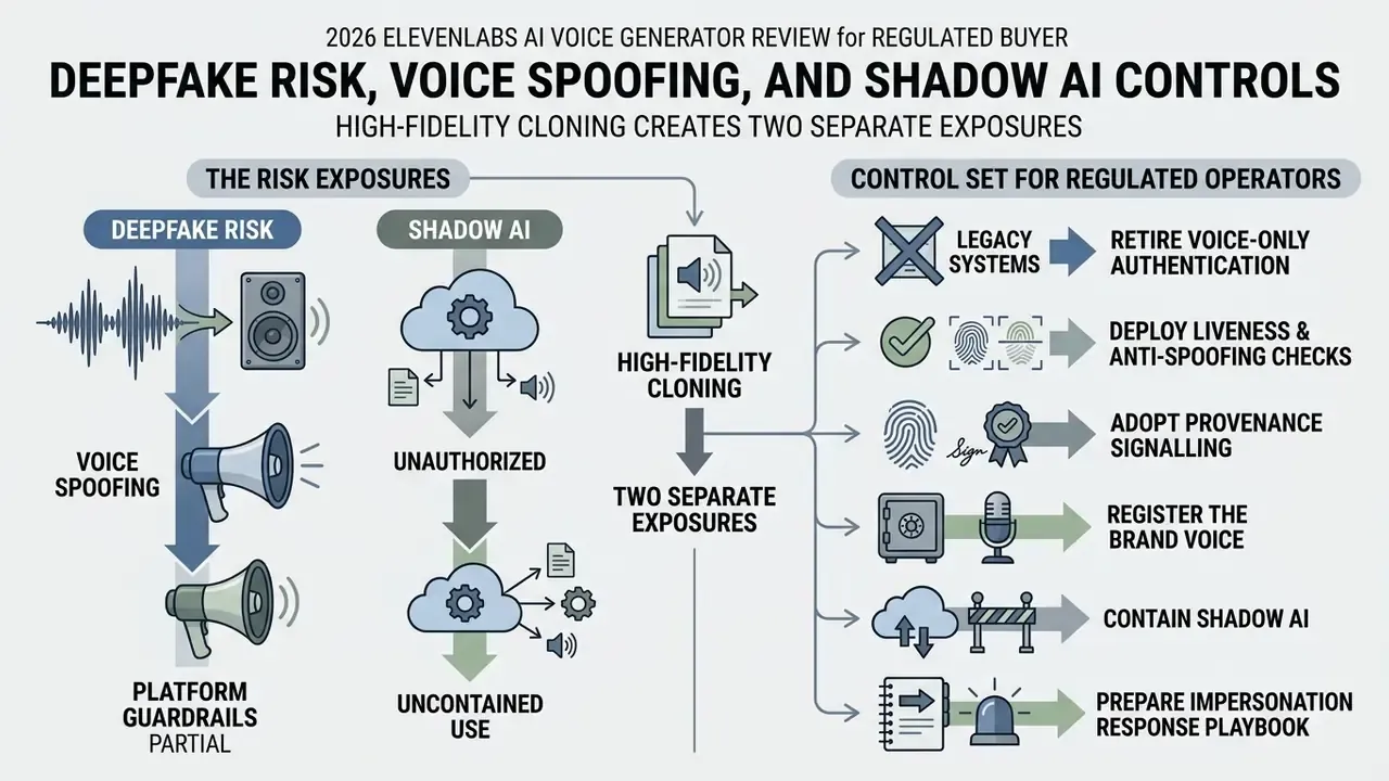Infographic showing voice cloning risks alongside a checklist of security controls for regulated operators