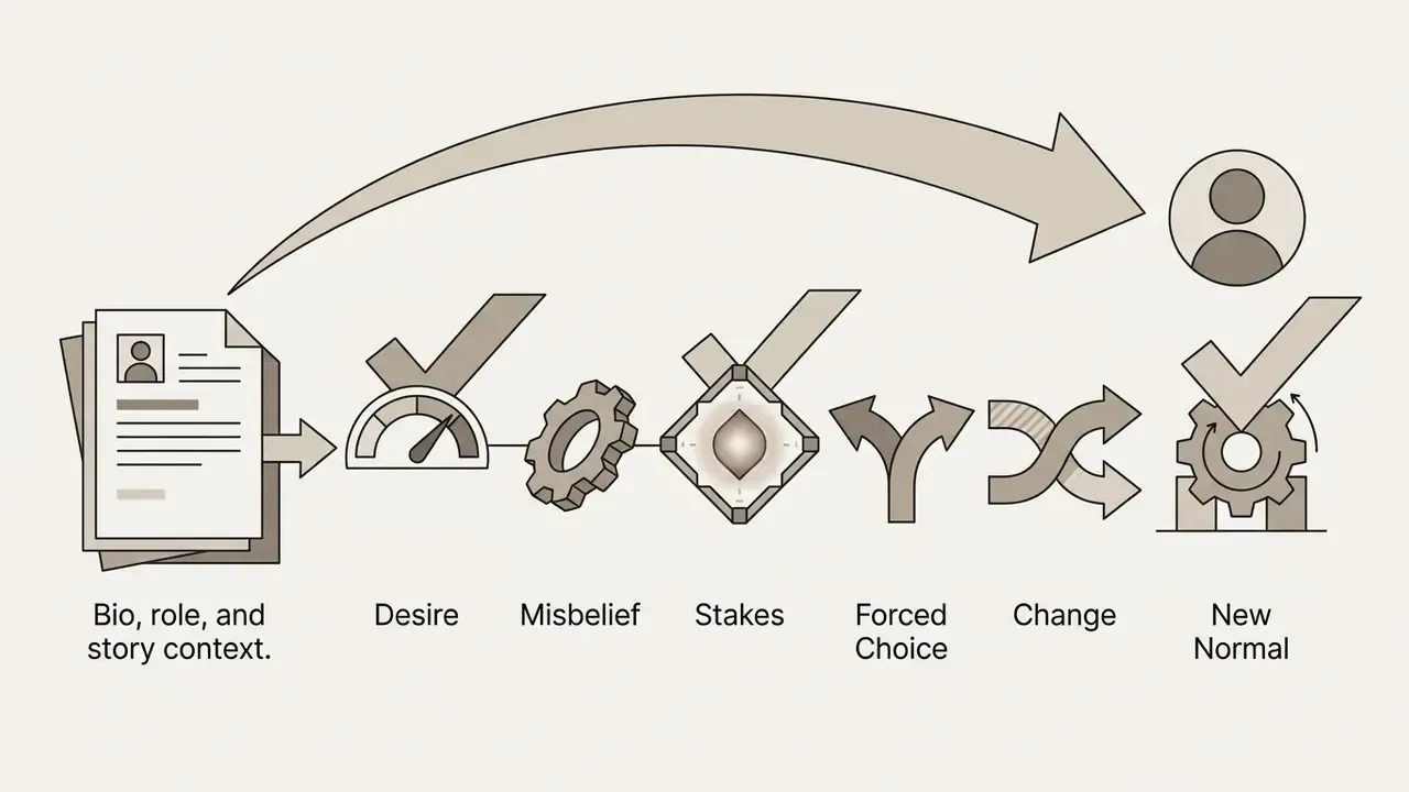 Sequence of icons representing narrative stages leading from a character document to a final persona