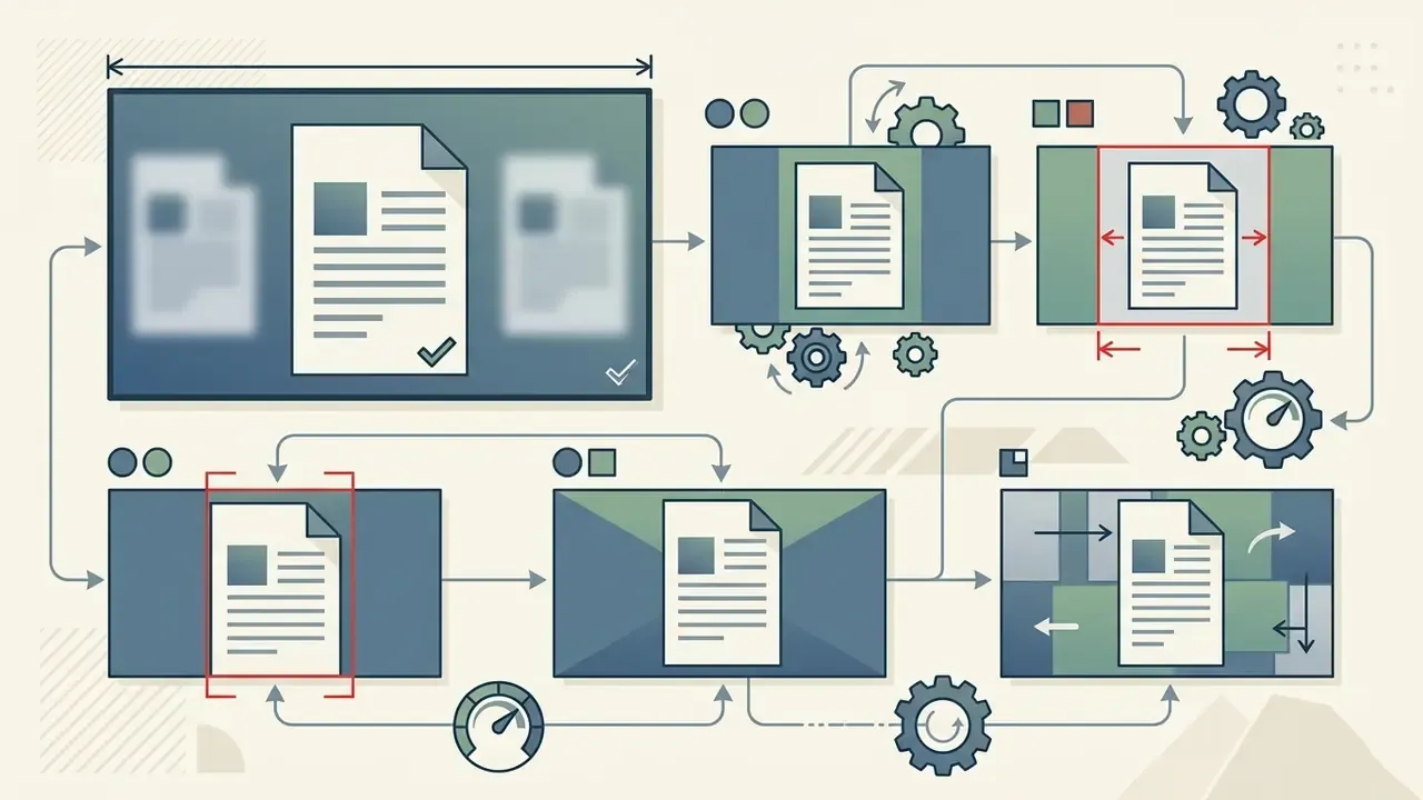 Series of frames showing document scaling techniques with gears and directional arrows