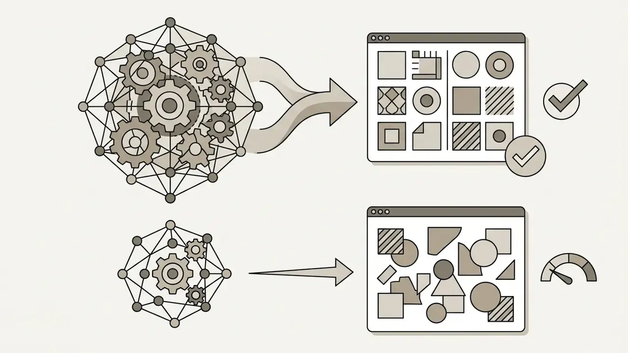 Comparison of large and small neural network models generating structured versus chaotic visual outputs
