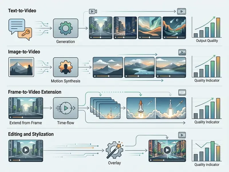 Comparison matrix showing how different input types transform into video assets with quality metrics