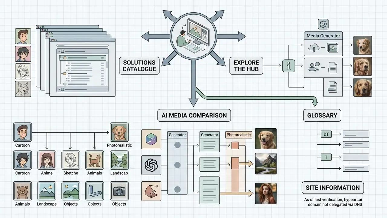 Flowchart showing website navigation paths to media generators, comparison tools, and terminology glossaries