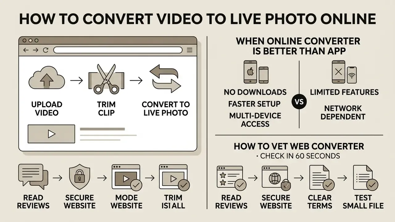 Summary infographic comparing browser-based conversion tools with apps and outlining how to vet websites