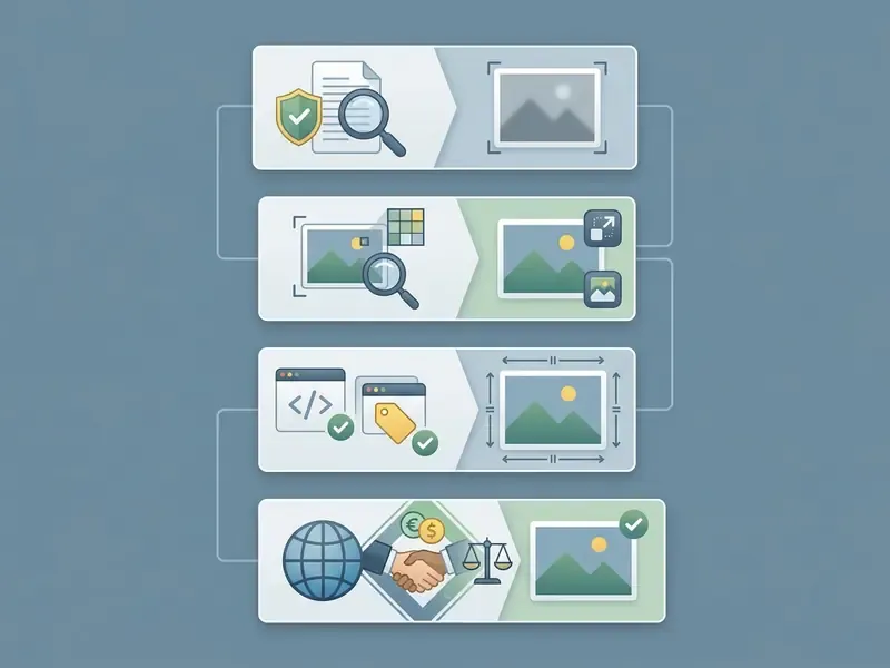 Four-step sequence illustrating pre-publication checks for legal compliance and image quality