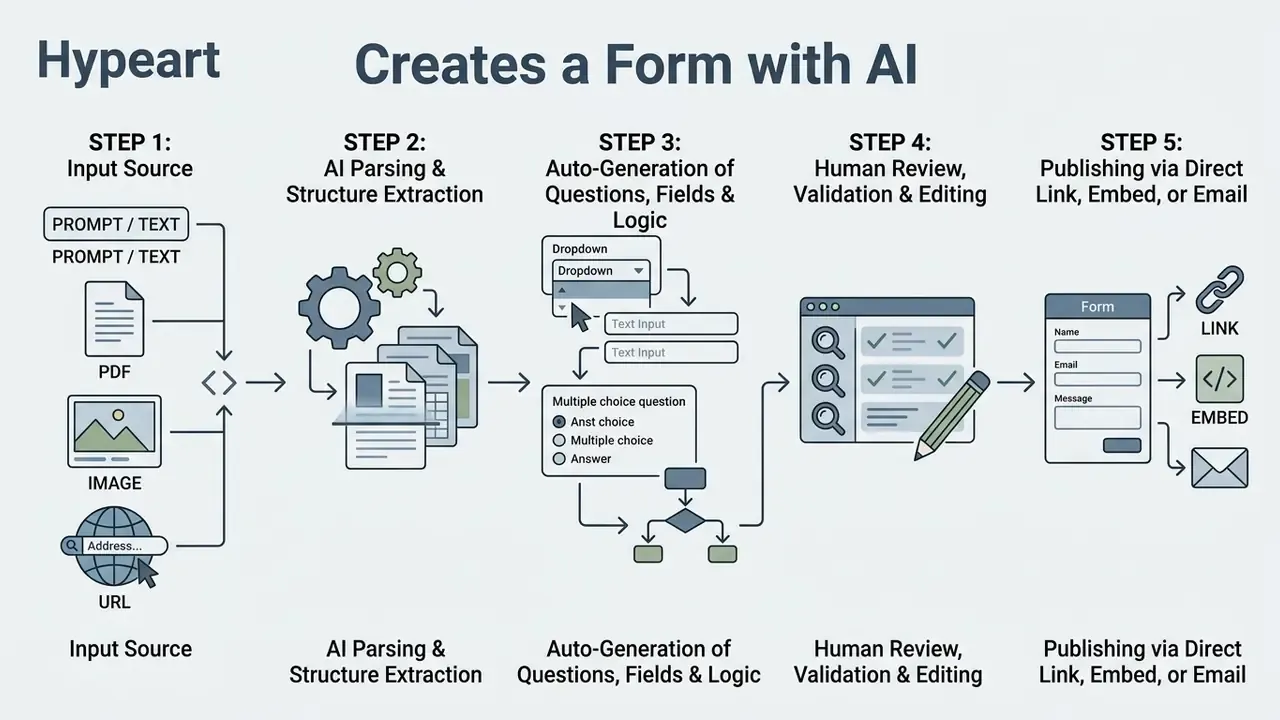 Five step process diagram showing how an AI form generator converts various inputs into published forms