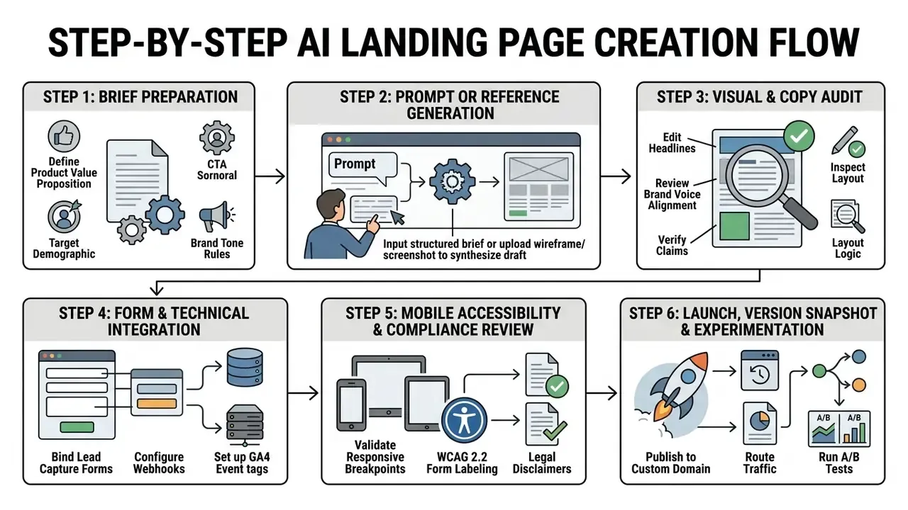 Six-stage workflow diagram showing the progression from brief preparation to final launch and testing