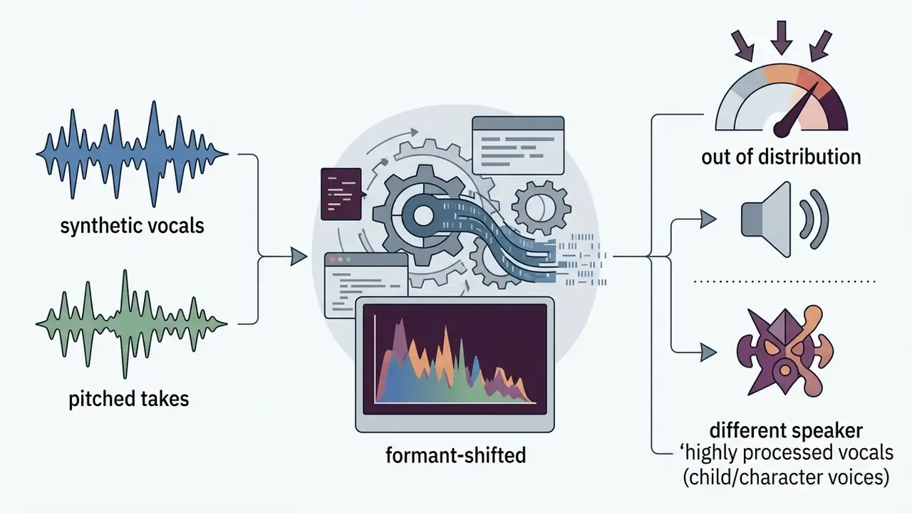 Synthetic and pitched vocals entering a processing engine to result in out of distribution audio outputs
