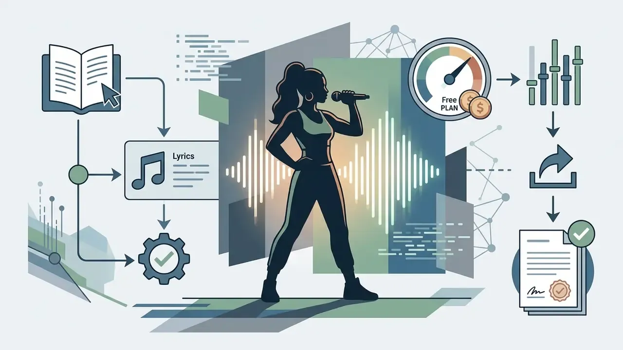 Female rapper singing into a microphone with lyrics and audio processing icons leading to a final export