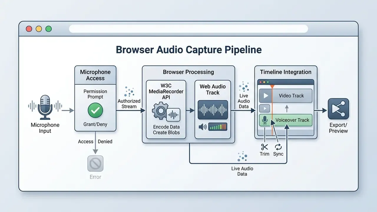 Flowchart showing microphone input, browser permission checks, and audio track integration for video