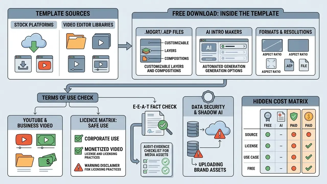 Diagram detailing template sources, technical file components, usage rights, and hidden cost matrices