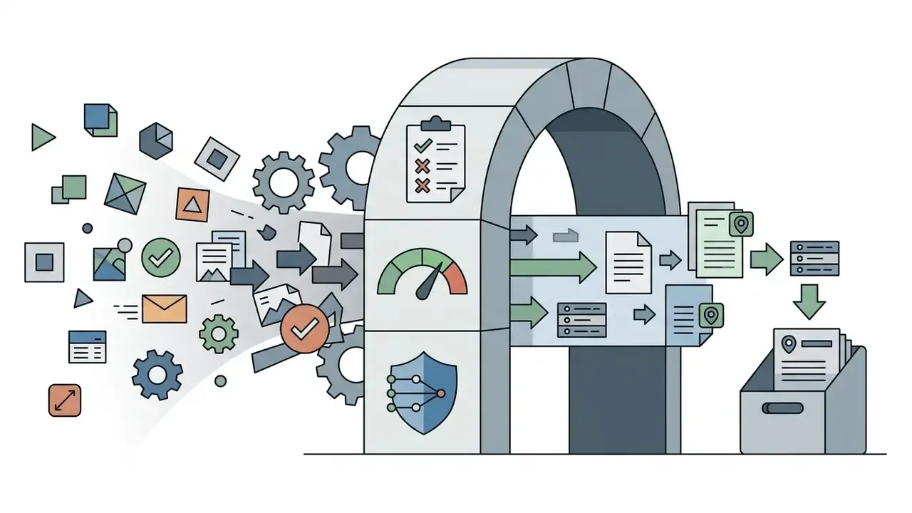 Data and documents passing through a gateway for filtering and metadata tagging before reaching storage