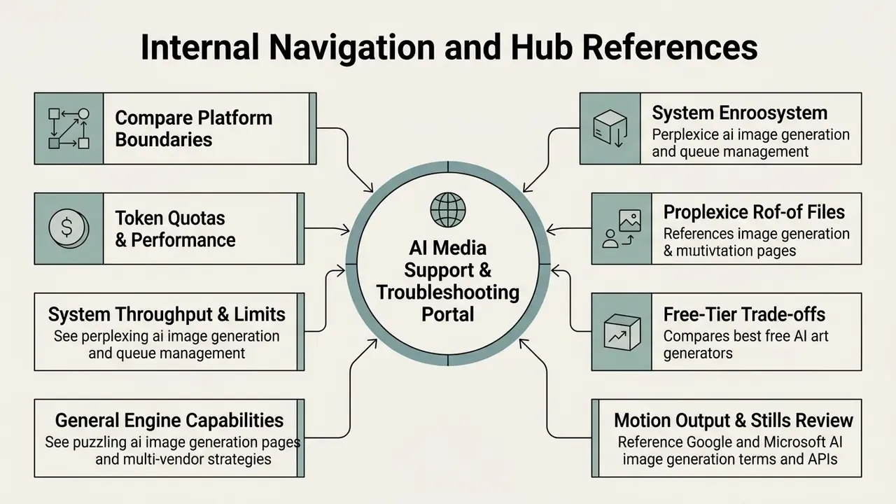 Central hub connecting various technical support topics for Leonardo AI image generation workflows
