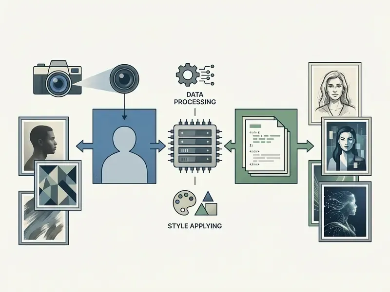 Workflow diagram showing photo or text inputs processed by a central server to generate artistic portraits