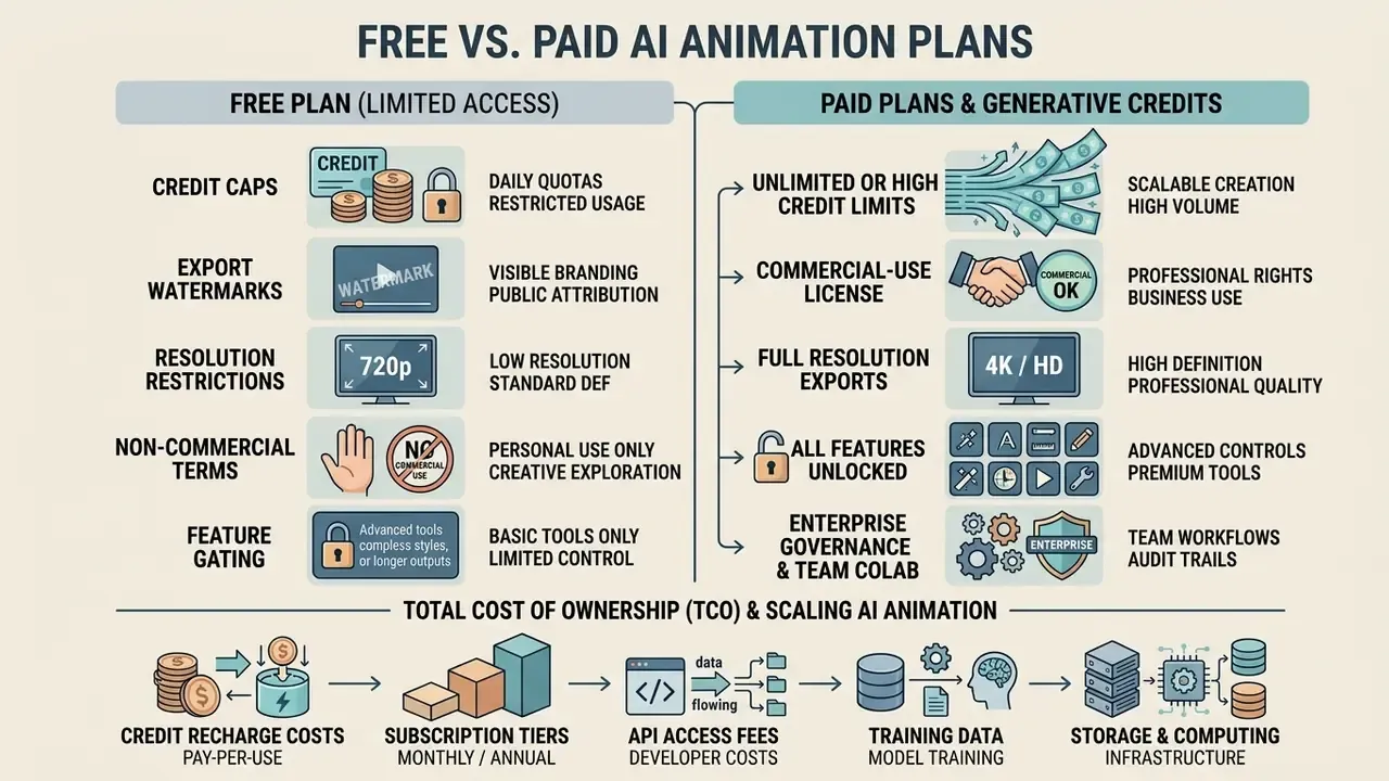 Comparison chart detailing differences between free and paid subscription models for generative video tools