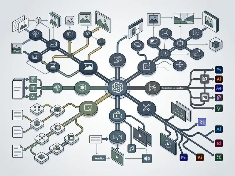 Mind map showing the Adobe AI generator ecosystem with branches for image, video, and design tools