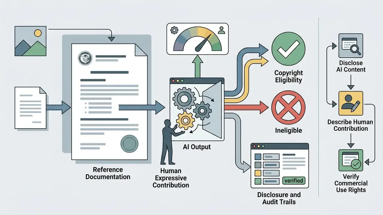 Workflow showing how human contribution and AI output affect copyright eligibility and disclosure requirements