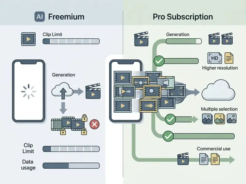 Comparison table contrasting feature limits for free and paid tiers of a photo to video AI app