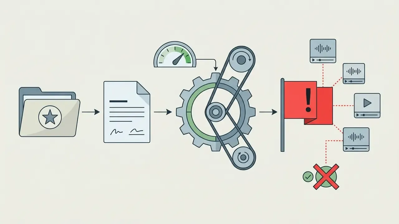 Folder and contract icons feeding a gear mechanism that triggers a red flag linked to media files