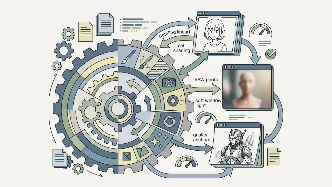 Gear mechanism connecting artistic prompt icons to various rendered image styles and quality outputs