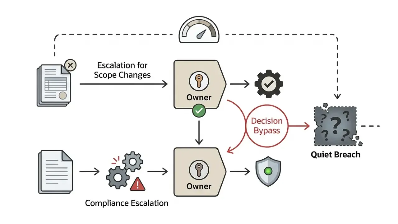 Diagram showing escalation paths for scope and compliance leading to either approved actions or a quiet breach